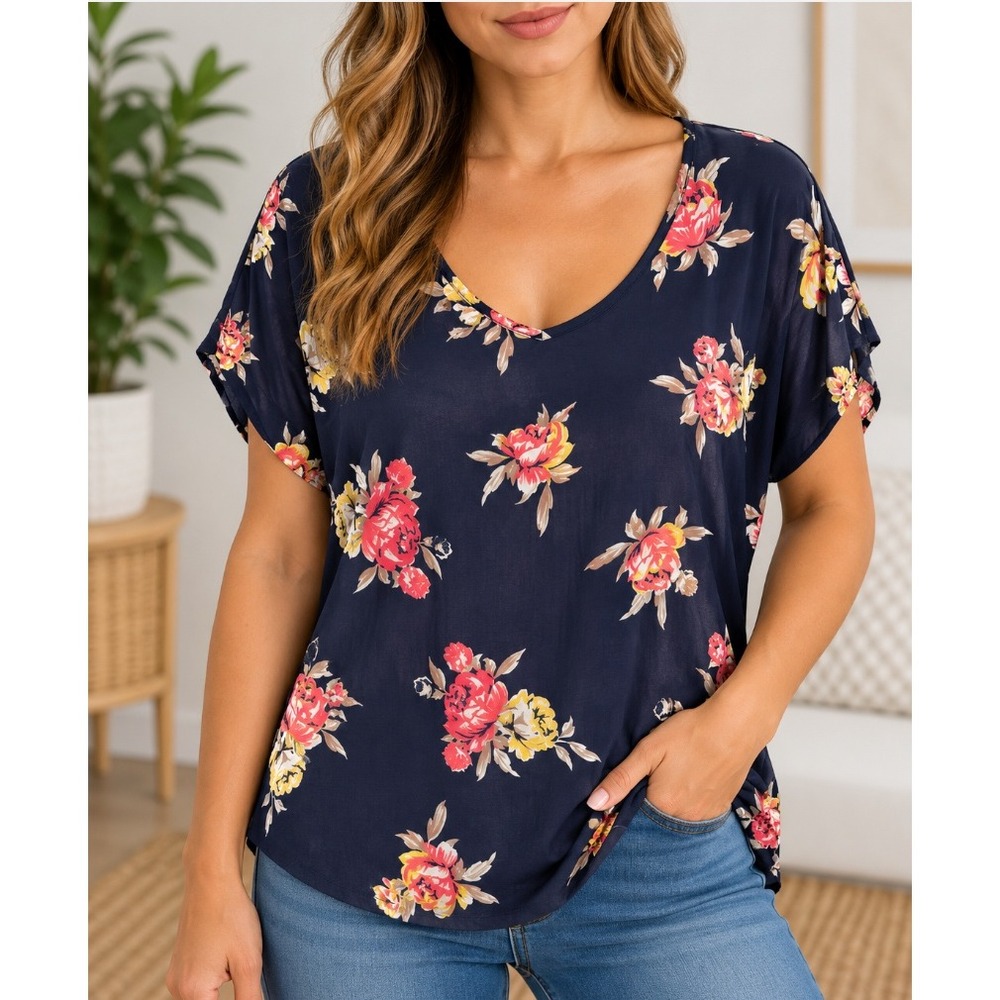 Live 4 Truth Navy Blue Floral Dolman Sleeve Blouse XL_240